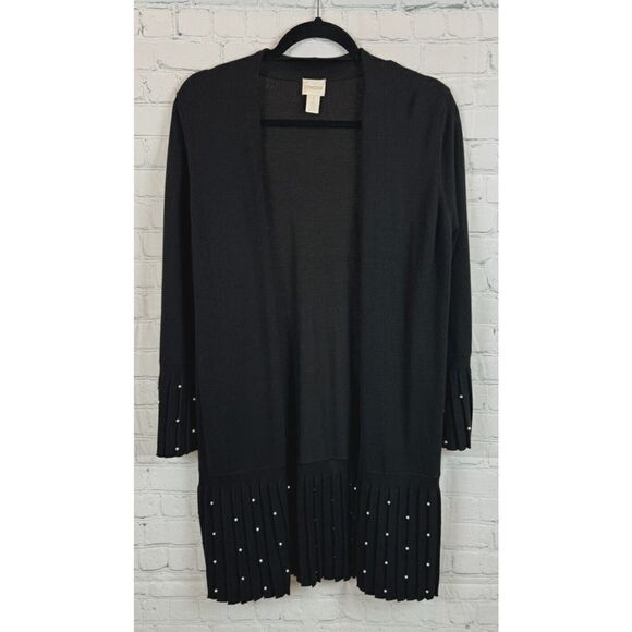 CHICO'S black knit cotton rayon pearl embellished pleated cardigan 1 M NWOT - Picture 1 of 9